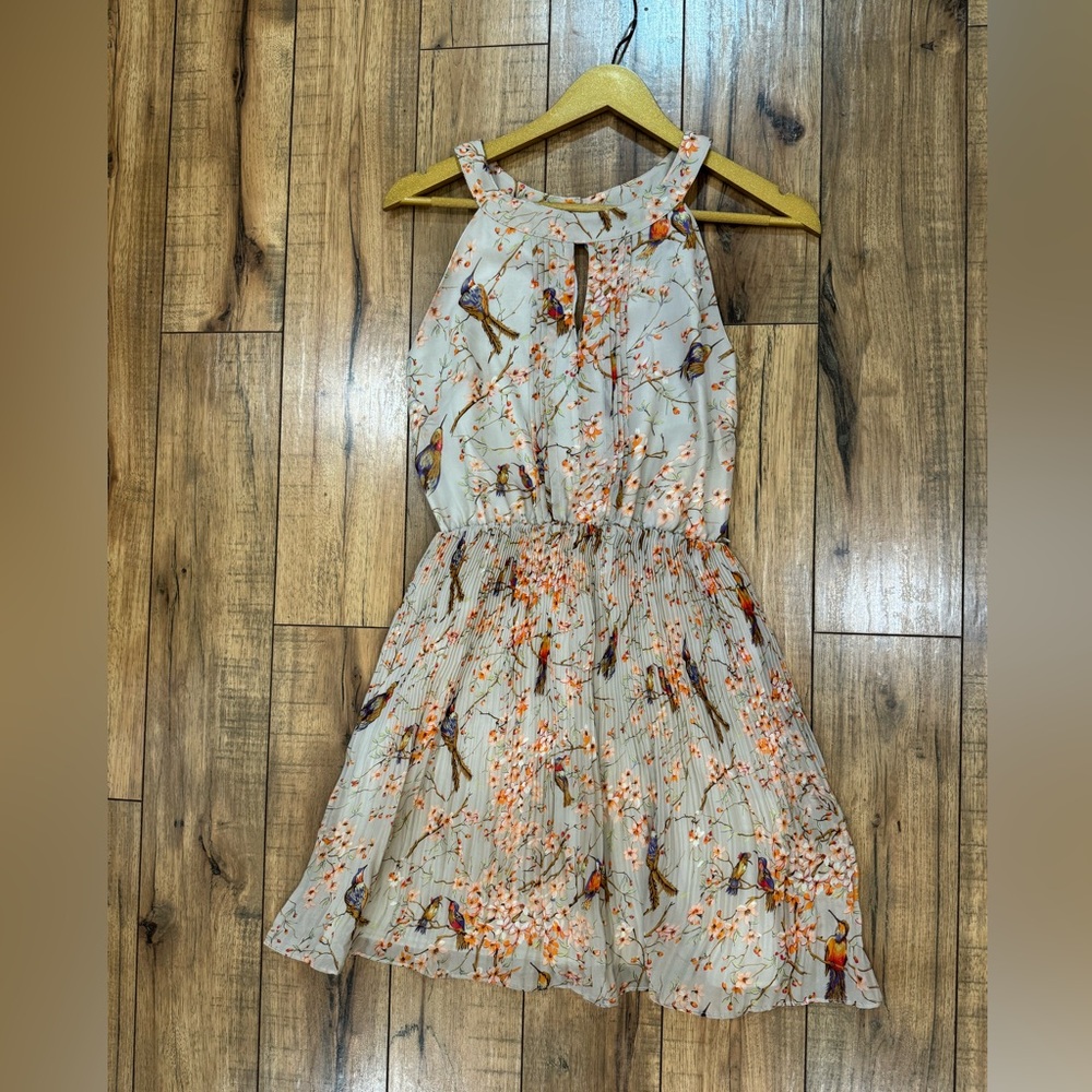 Beige Floral Pleated Mini Dress Pink Martini Size XS